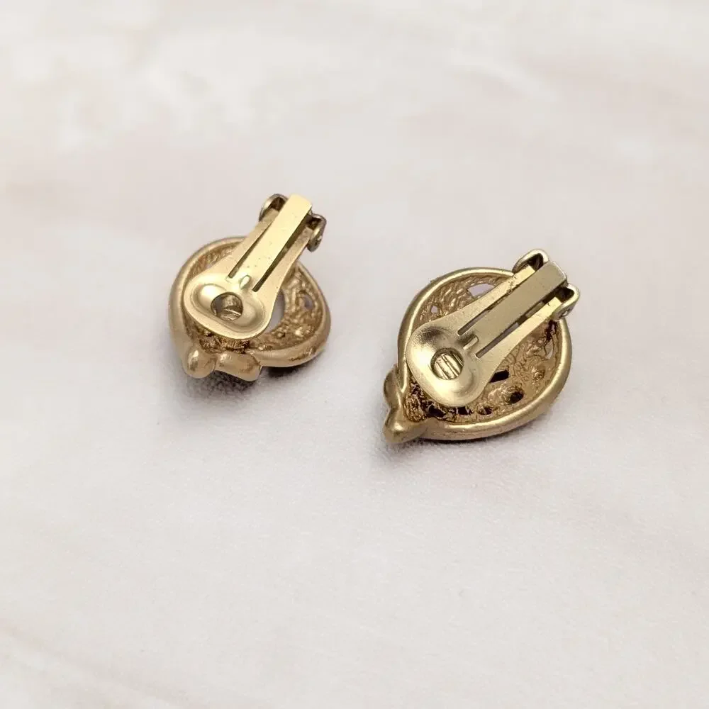 Vintage Clip On Earrings Stylish Matte Gold Tone Ornate Floral Design
